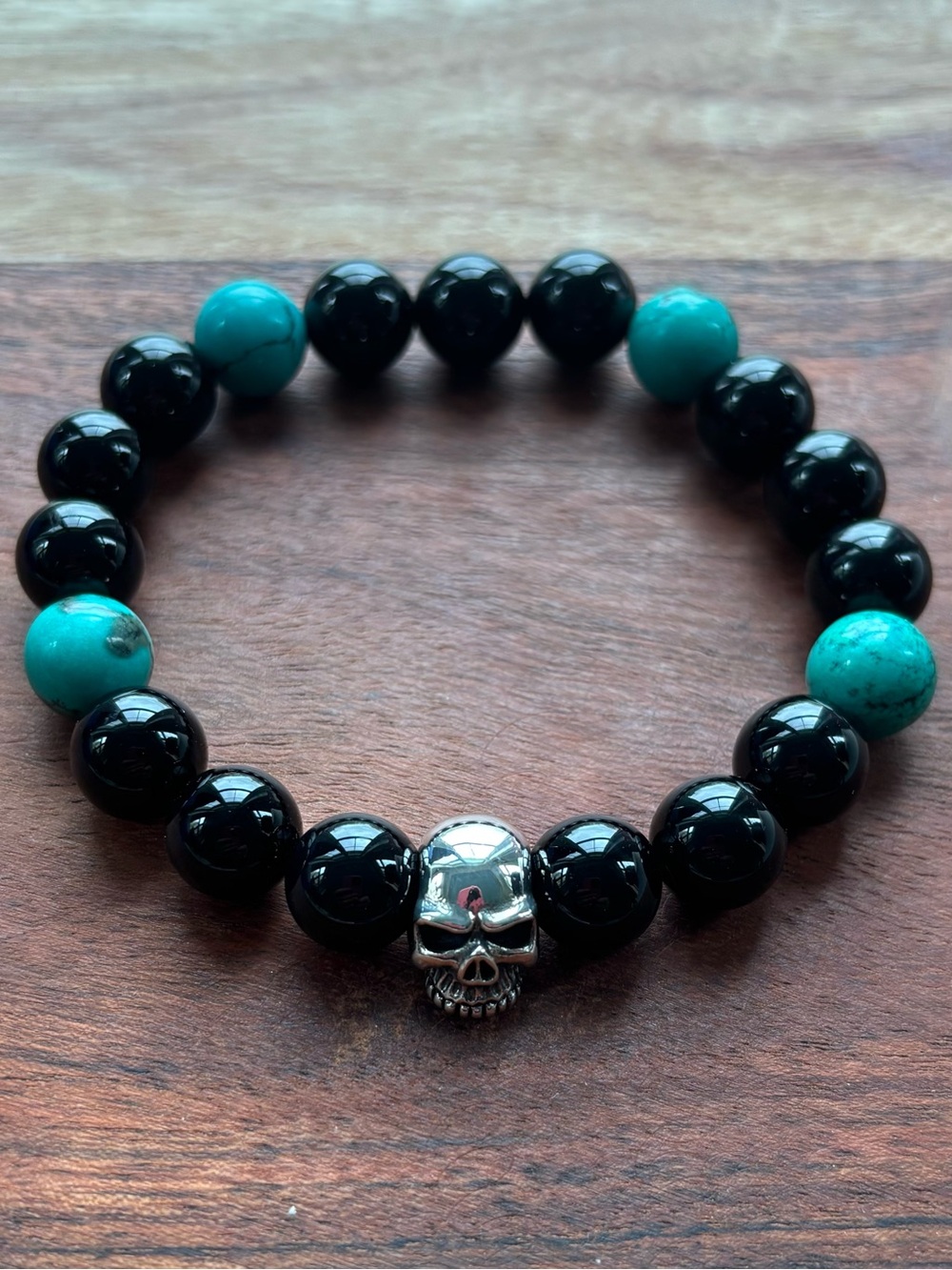 Black Onyx & Turquoise Silver Skull Bead Stretch Bracelet - Men's /  Unisex